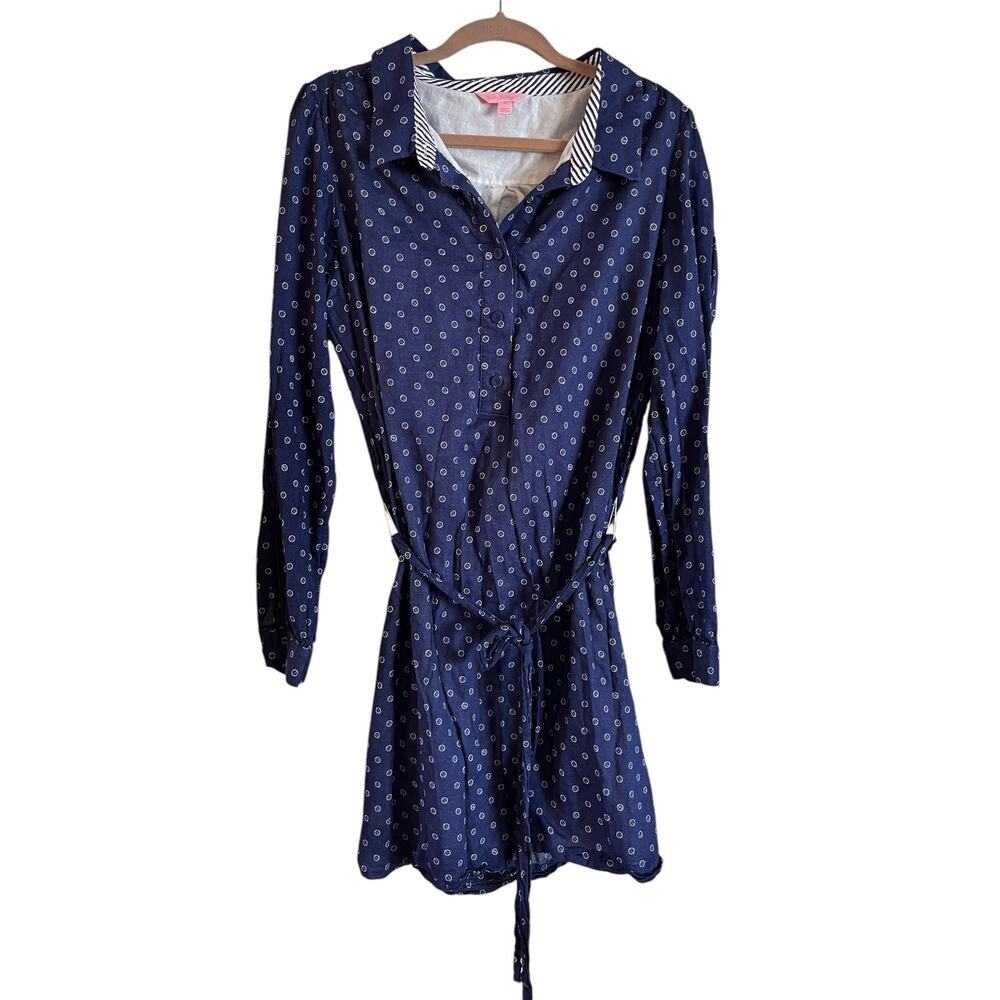 Lilly Pulitzer Davie Navy Blue White Button Print Tie Waist Shirt Dress Size 16